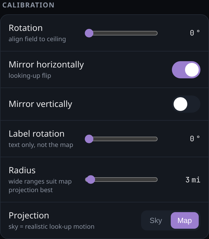 The Calibration section: Rotation slider and Mirror switches