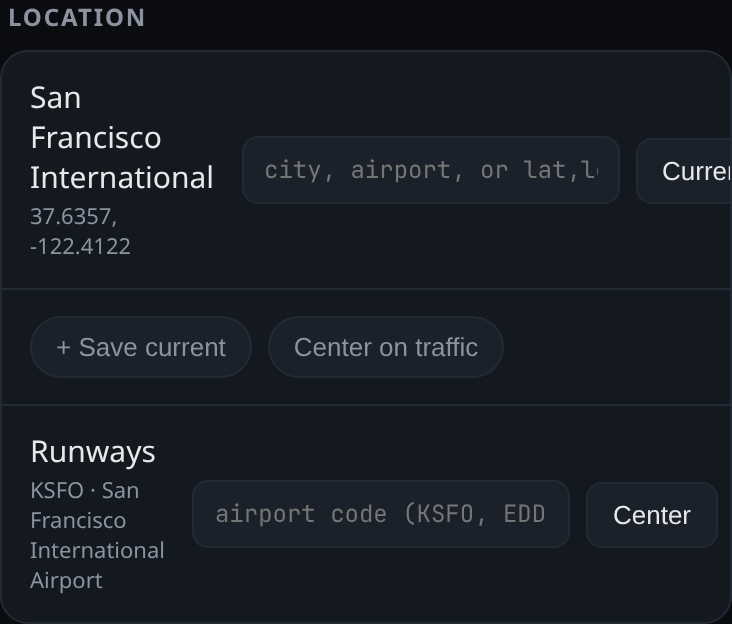 The Location section: a search box and a Current button, with Runways below