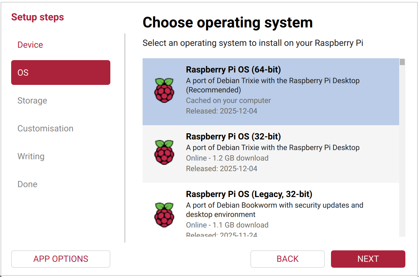 Raspberry Pi Imager with Raspberry Pi 5 and Raspberry Pi OS (64-bit) chosen