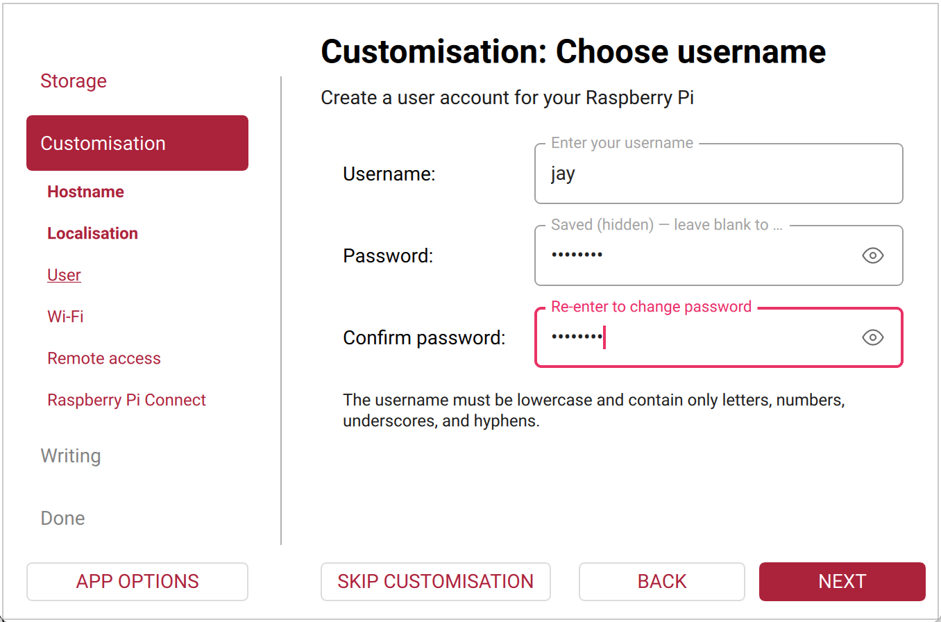 Imager settings screen with a username and Wi-Fi filled in